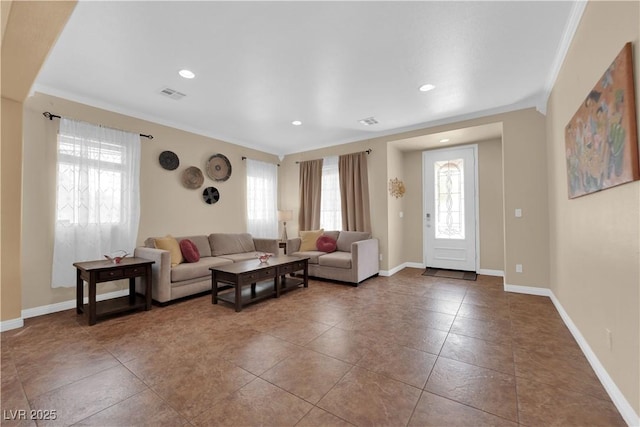 1808 Peyton Stewart Ct, North Las Vegas, NV 89086 - living room with crown molding, baseboards, recessed lighting, and tile patterned flooring