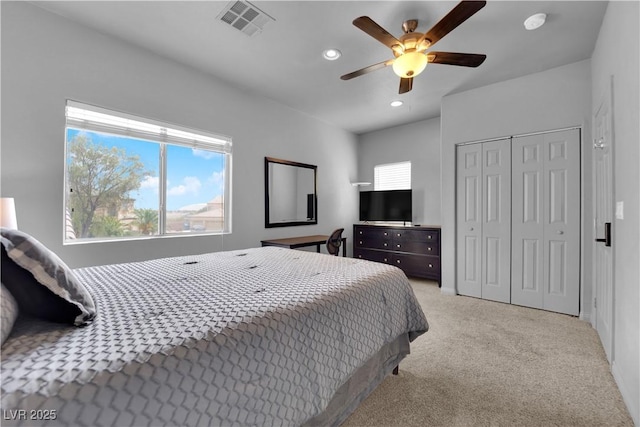 1808 Peyton Stewart Ct, North Las Vegas, NV 89086 - bedroom featuring light carpet, recessed lighting, a ceiling fan, and a closet