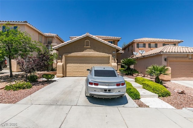 11004 Napa Ridge Dr, Las Vegas, NV 89144 - mediterranean / spanish-style home with driveway, stucco siding, a garage, and a tile roof