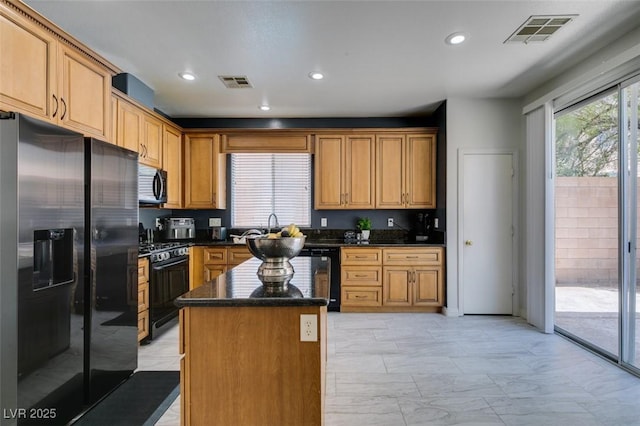 11004 Napa Ridge Dr, Las Vegas, NV 89144 - kitchen with black appliances, a kitchen island, recessed lighting, a sink, and light marble finish floors