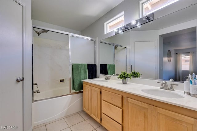 11004 Napa Ridge Dr, Las Vegas, NV 89144 - bathroom featuring tile patterned flooring, double vanity, and bath / shower combo with glass door