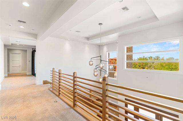 11 Misty Peaks Ct, Las Vegas, NV 89135 - hall featuring light colored carpet, baseboards, an upstairs landing, recessed lighting, and a raised ceiling