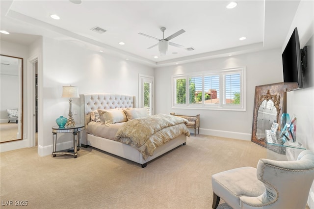 11 Misty Peaks Ct, Las Vegas, NV 89135 - bedroom with light colored carpet, a tray ceiling, baseboards, recessed lighting, and a ceiling fan
