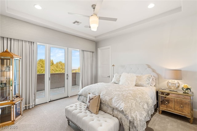 11 Misty Peaks Ct, Las Vegas, NV 89135 - bedroom with carpet floors, access to exterior, recessed lighting, a raised ceiling, and ceiling fan