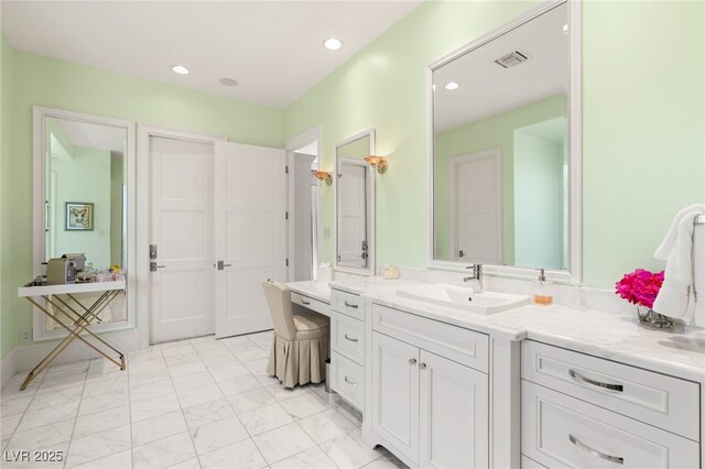 11 Misty Peaks Ct, Las Vegas, NV 89135 - bathroom with marble finish floors, vanity, and recessed lighting