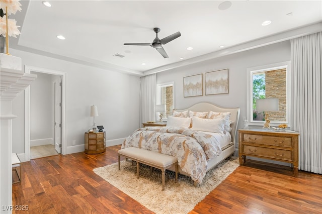 11 Misty Peaks Ct, Las Vegas, NV 89135 - bedroom featuring wood finished floors, recessed lighting, baseboards, and a ceiling fan