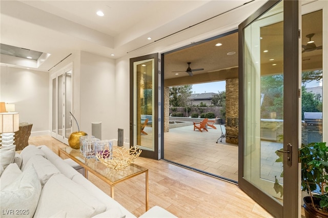 11 Misty Peaks Ct, Las Vegas, NV 89135 - living room featuring recessed lighting, a raised ceiling, and a ceiling fan
