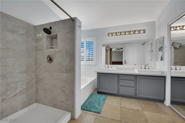 1335 Passiflora Dr, Henderson, NV 89002 - bathroom with double vanity, tiled shower, and a tub to relax in