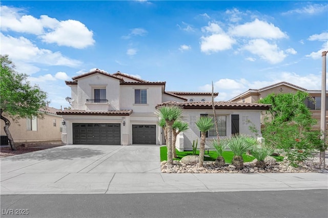 8268 Nelson Ridge Ln, Las Vegas, NV 89178 - mediterranean / spanish house with an attached garage, stucco siding, driveway, a tiled roof, and a balcony