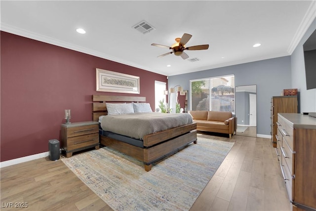 8268 Nelson Ridge Ln, Las Vegas, NV 89178 - bedroom featuring baseboards, light wood-style flooring, crown molding, recessed lighting, and a ceiling fan