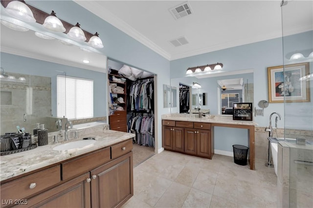 8268 Nelson Ridge Ln, Las Vegas, NV 89178 - full bath featuring crown molding, a bath, vanity, a stall shower, and a spacious closet