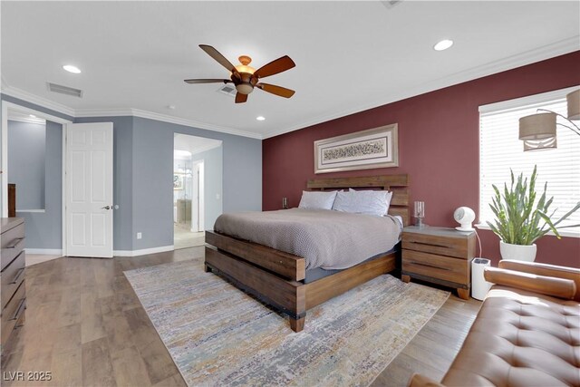8268 Nelson Ridge Ln, Las Vegas, NV 89178 - bedroom with recessed lighting, wood finished floors, baseboards, ensuite bath, and a ceiling fan