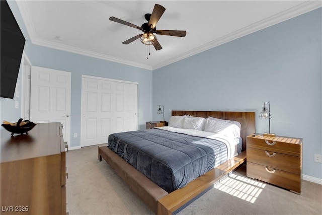 8268 Nelson Ridge Ln, Las Vegas, NV 89178 - carpeted bedroom featuring baseboards, a closet, crown molding, and ceiling fan