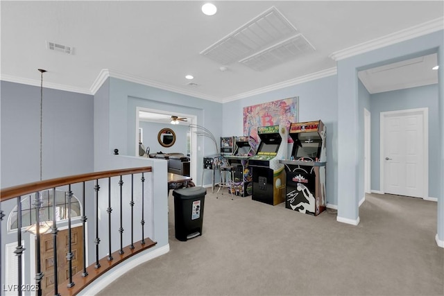 8268 Nelson Ridge Ln, Las Vegas, NV 89178 - carpeted office space featuring baseboards, ceiling fan, ornamental molding, and recessed lighting