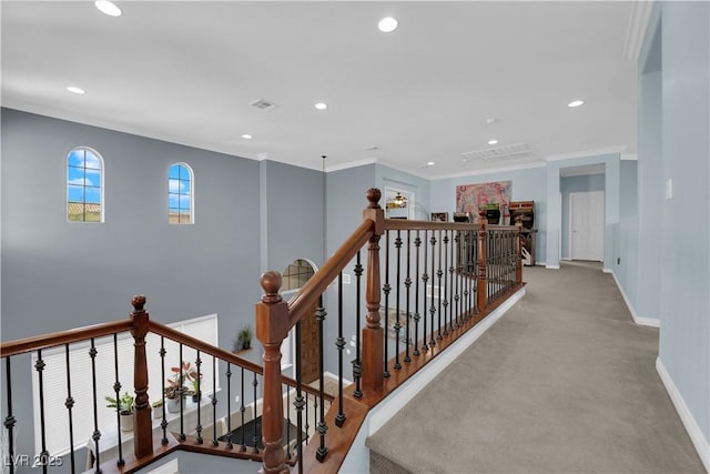 8268 Nelson Ridge Ln, Las Vegas, NV 89178 - hall with recessed lighting, an upstairs landing, baseboards, carpet, and ornamental molding
