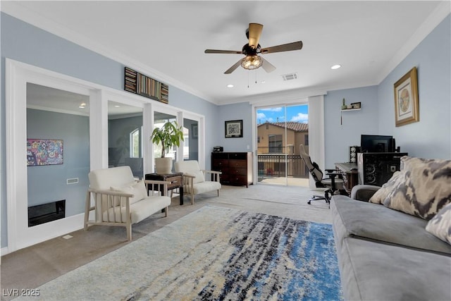 8268 Nelson Ridge Ln, Las Vegas, NV 89178 - living room featuring crown molding, a ceiling fan, carpet, recessed lighting, and an office area