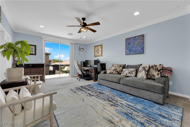 8268 Nelson Ridge Ln, Las Vegas, NV 89178 - carpeted living area with ceiling fan, a desk, ornamental molding, recessed lighting, and baseboards