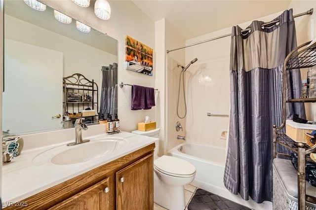 9024 Starmount Dr, Las Vegas, NV 89134 - bathroom featuring shower / bath combo with shower curtain, vanity, toilet, and tile patterned floors