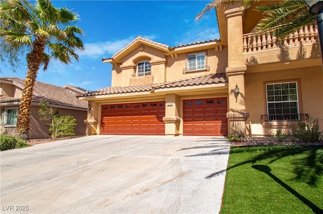10798 Tapestry Winds St, Las Vegas, NV 89141 - mediterranean / spanish-style house with an attached garage, stucco siding, driveway, a tile roof, and a front lawn