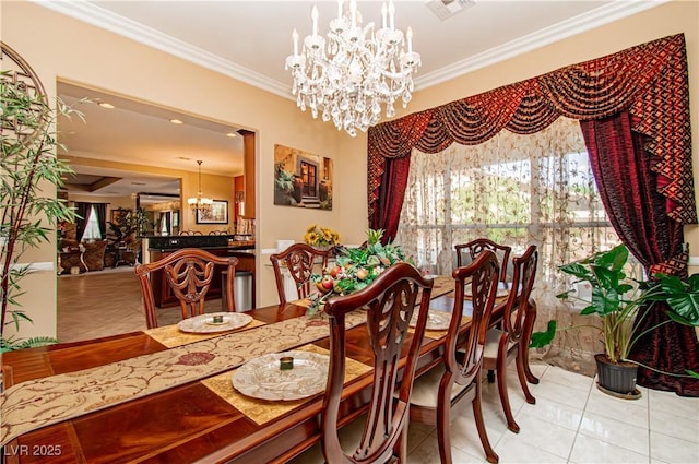10798 Tapestry Winds St, Las Vegas, NV 89141 - dining room featuring a chandelier, ornamental molding, and tile patterned floors
