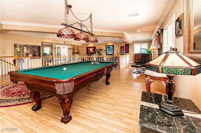 10798 Tapestry Winds St, Las Vegas, NV 89141 - recreation room with wood finished floors, crown molding, pool table, and recessed lighting