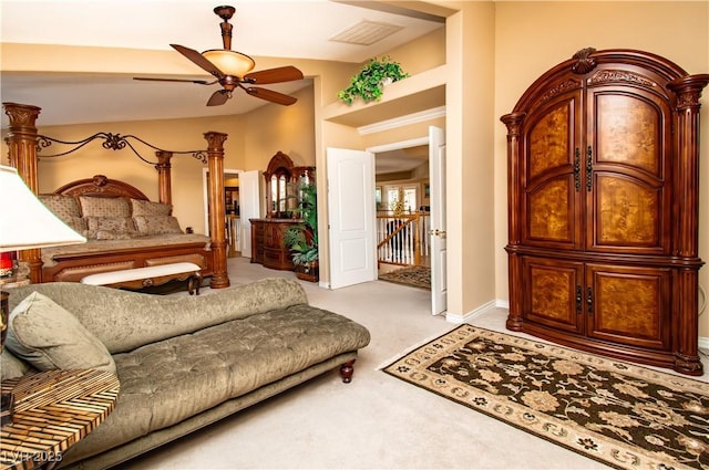 10798 Tapestry Winds St, Las Vegas, NV 89141 - bedroom featuring light carpet, lofted ceiling, and a ceiling fan