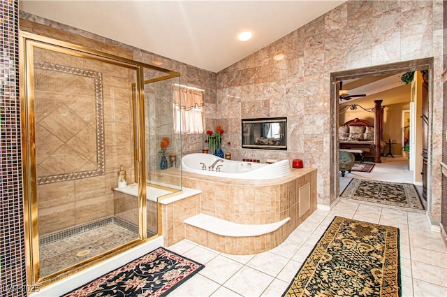 10798 Tapestry Winds St, Las Vegas, NV 89141 - bathroom with a bath, a shower stall, tile patterned floors, ceiling fan, and lofted ceiling