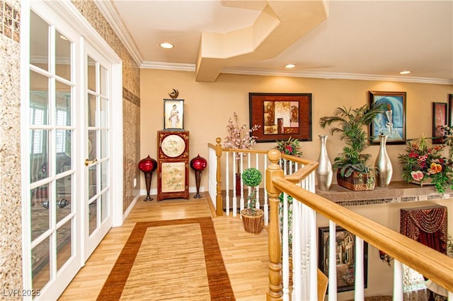 10798 Tapestry Winds St, Las Vegas, NV 89141 - corridor with wood finished floors, french doors, recessed lighting, crown molding, and an upstairs landing