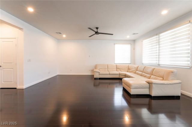 10315 Turia Gardens Rd, Las Vegas, NV 89135 - living area featuring dark wood-style flooring, ceiling fan, baseboards, and recessed lighting