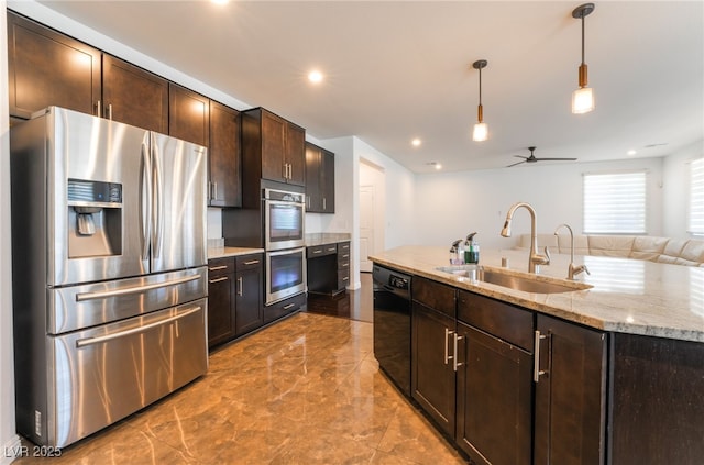 10315 Turia Gardens Rd, Las Vegas, NV 89135 - kitchen with stainless steel appliances, a sink, marble tiled floors, ceiling fan, and dark brown cabinets