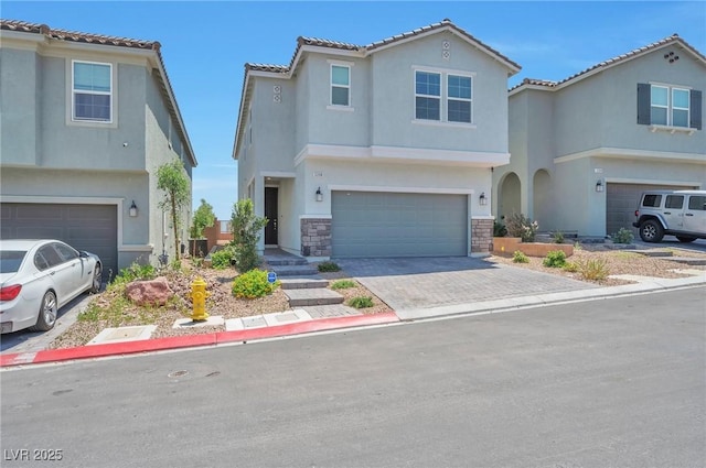 5398 Robinera Ct, Las Vegas, NV 89166 - view of front facade featuring an attached garage, stucco siding, and stone siding