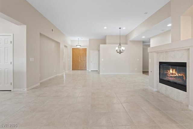 1008 New Creek Ave, Henderson, NV 89015 - unfurnished living room with a fireplace, light tile patterned floors, a chandelier, baseboards, and recessed lighting