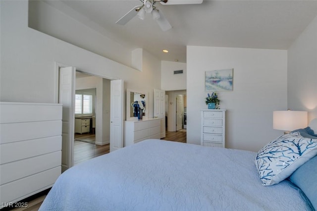 6 Sandwedge Dr, Henderson, NV 89074 - bedroom featuring wood finished floors, recessed lighting, ceiling fan, and lofted ceiling