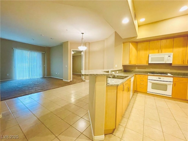 62 E Serene Ave Unit 115, Las Vegas, NV 89123 - kitchen featuring white appliances, light tile patterned flooring, a peninsula, light brown cabinets, and recessed lighting