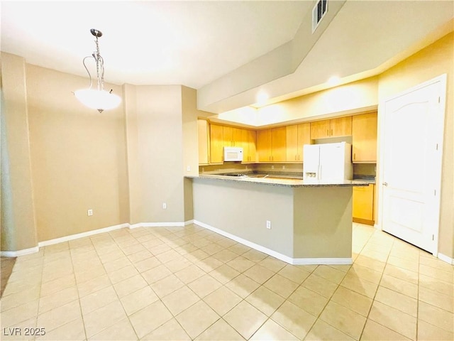 62 E Serene Ave Unit 115, Las Vegas, NV 89123 - kitchen with white appliances, light tile patterned flooring, a peninsula, baseboards, and decorative light fixtures
