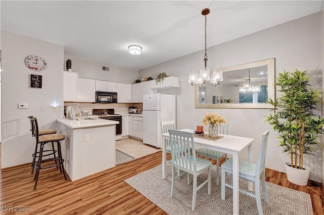 5751 E Hacienda Ave Unit 154, Las Vegas, NV 89122 - kitchen with black microwave, freestanding refrigerator, range, a sink, and a peninsula