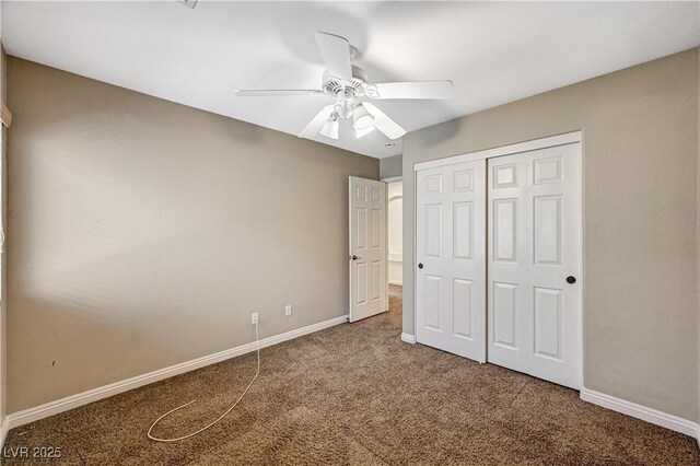 7637 Good Fortune Ct, Las Vegas, NV 89139 - unfurnished bedroom with carpet, a closet, baseboards, and ceiling fan