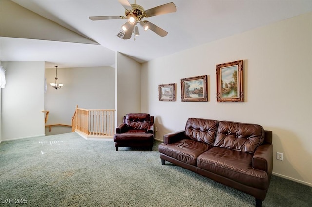 602 Painted Cloud Pl, Las Vegas, NV 89144 - carpeted living area featuring lofted ceiling, ceiling fan, a chandelier, and baseboards