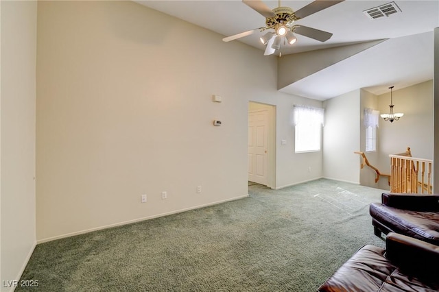 602 Painted Cloud Pl, Las Vegas, NV 89144 - living room featuring light colored carpet, ceiling fan, baseboards, a chandelier, and vaulted ceiling