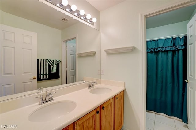 602 Painted Cloud Pl, Las Vegas, NV 89144 - bathroom featuring tile patterned floors, double vanity, and a shower with curtain