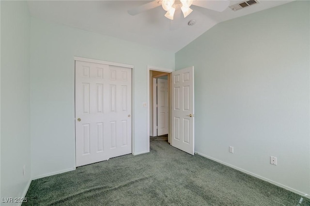 602 Painted Cloud Pl, Las Vegas, NV 89144 - unfurnished bedroom with carpet, lofted ceiling, baseboards, a closet, and a ceiling fan