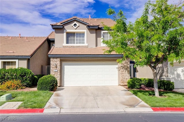 602 Painted Cloud Pl, Las Vegas, NV 89144 - view of front of property with stone siding, concrete driveway, a tiled roof, an attached garage, and stucco siding