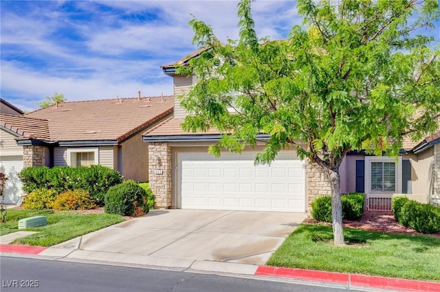 602 Painted Cloud Pl, Las Vegas, NV 89144 - view of front of home with stone siding, driveway, a tiled roof, and stucco siding