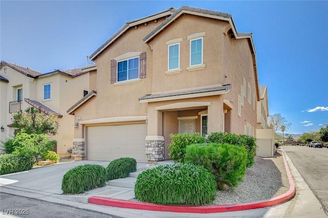 7963 Cape Brett St, Las Vegas, NV 89131 - view of front of home with a garage, stucco siding, driveway, and stone siding
