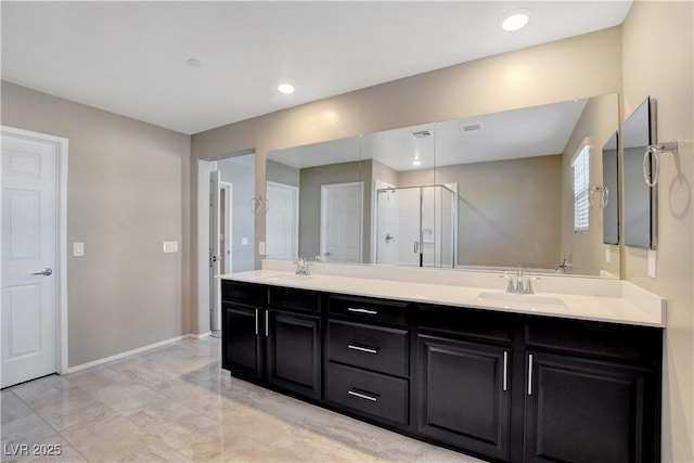 4 Lomita Heights Dr, Las Vegas, NV 89138 - full bath with double vanity, a stall shower, marble finish floors, baseboards, and recessed lighting