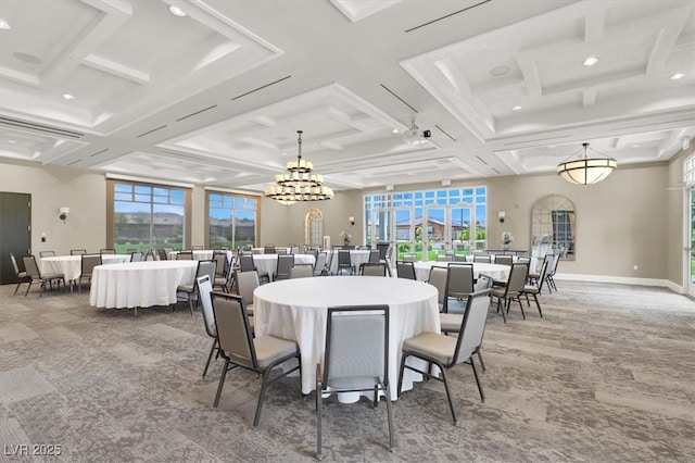 676 Otter Brook St, Henderson, NV 89011 - carpeted dining space featuring coffered ceiling, recessed lighting, baseboards, a chandelier, and beam ceiling