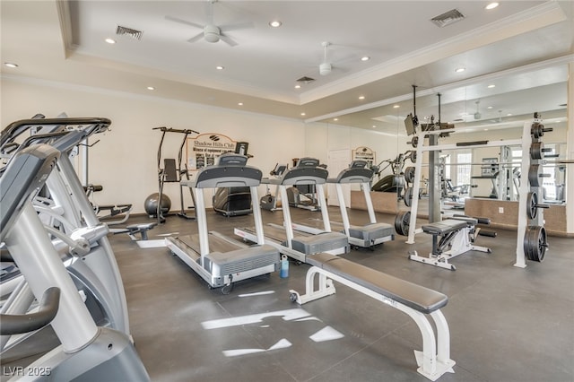 10357 Bent Willow Ave, Las Vegas, NV 89129 - workout area featuring ceiling fan, a raised ceiling, recessed lighting, and ornamental molding