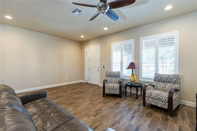 6403 Brandon Hills Ct, Las Vegas, NV 89139 - living area featuring baseboards, wood finished floors, ceiling fan, and recessed lighting