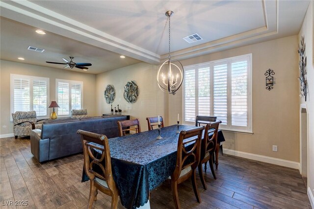 6403 Brandon Hills Ct, Las Vegas, NV 89139 - dining room with a chandelier, baseboards, dark wood finished floors, ceiling fan, and recessed lighting
