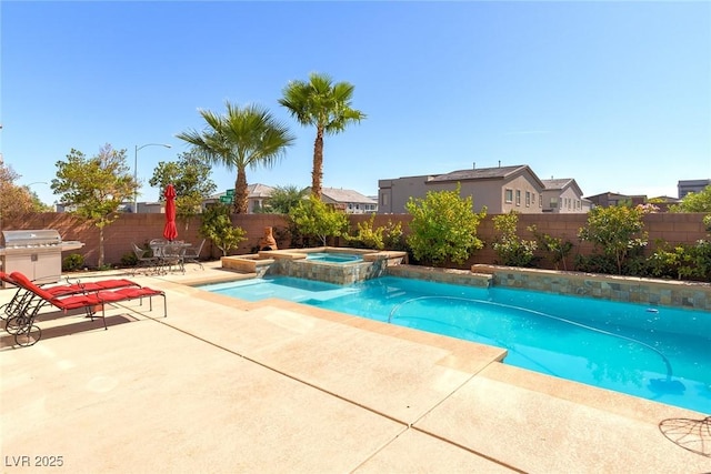 6403 Brandon Hills Ct, Las Vegas, NV 89139 - view of pool featuring a patio, a fenced backyard, a pool with connected hot tub, and grilling area